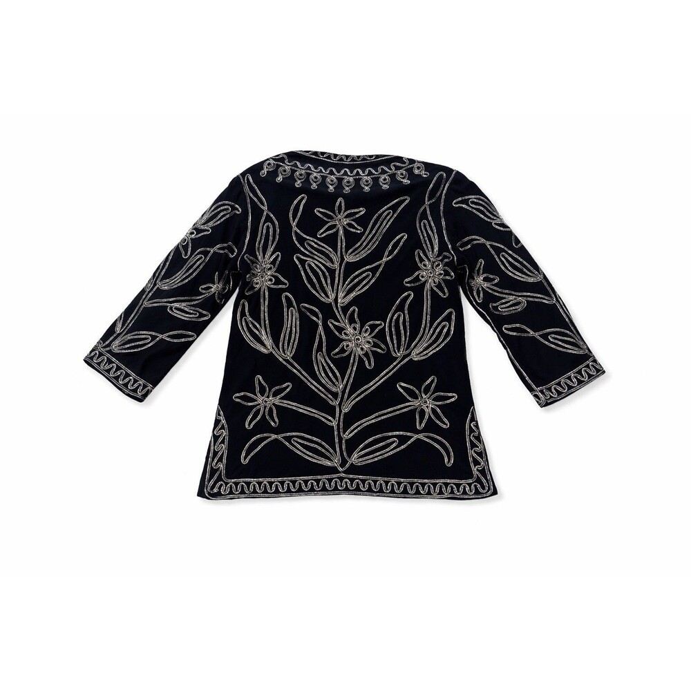 Black Metallic Embroidered Tunic Top Boho Floral Art To Wear Womens Medium Fairy - Picture 3 of 6